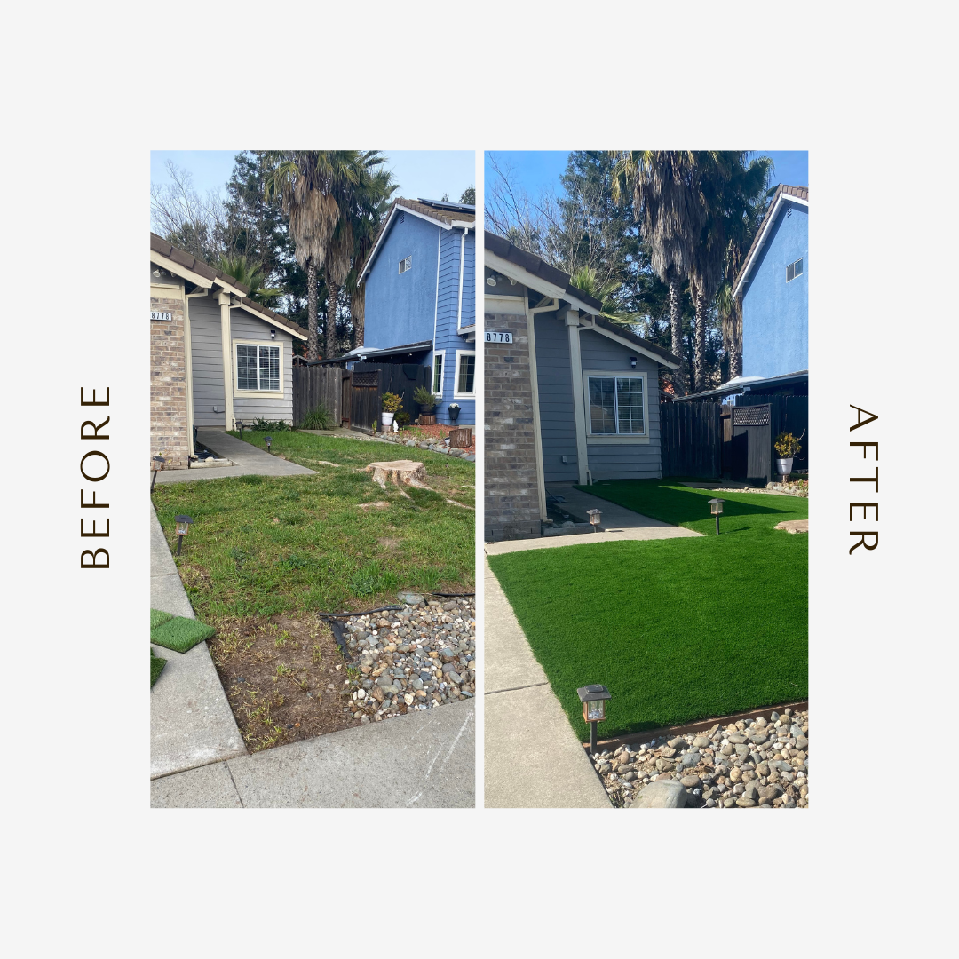 Before and after artificial grass installation by Cal Pro Artificial Turf in Elk Grove CA showing front yard lawn transformation